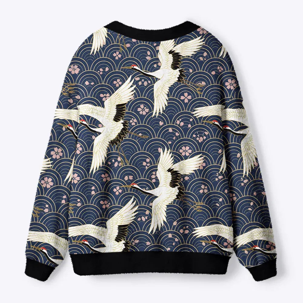 Kyoto-Lion White Crane Japan Ugly Cardigan Sweater