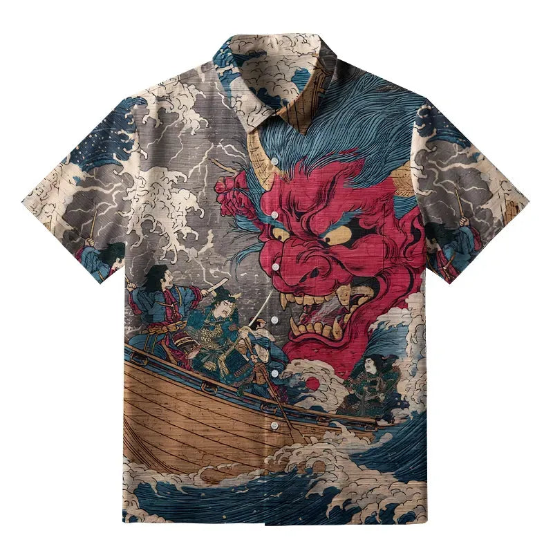 Kyoto-Lion Demon And Samurai At Sea Button-up Shirt