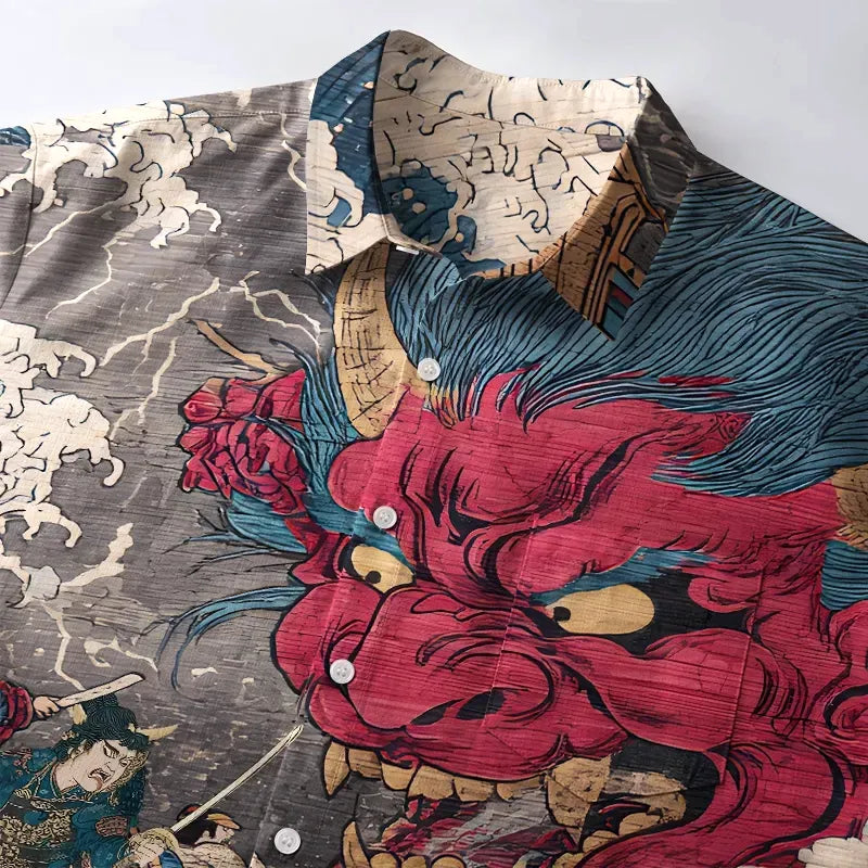 Kyoto-Lion Demon And Samurai At Sea Button-up Shirt