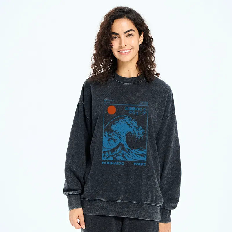 Washed Unisex Sweatshirt with Japanese Print