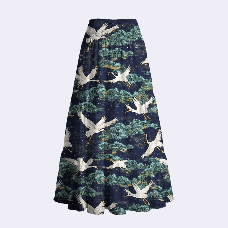 Japanese Cranes and Clouds Maxi Skirt Best Seller