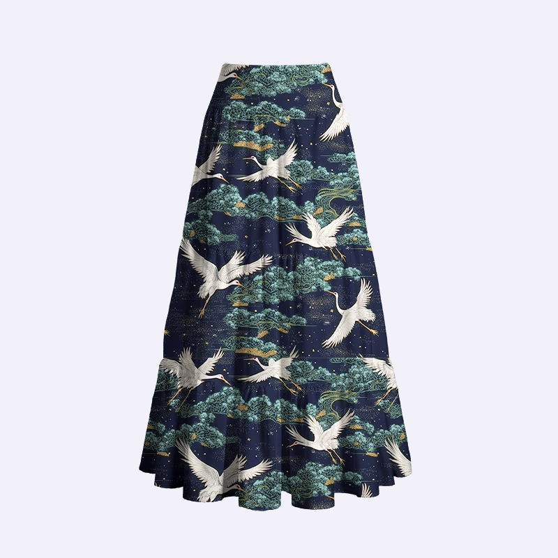 Japanese Cranes and Clouds Maxi Skirt Best Seller
