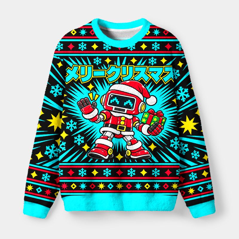Kyoto-Lion Retro Robot Funny Meme Fuzzy Christmas Ugly Sweatshirt