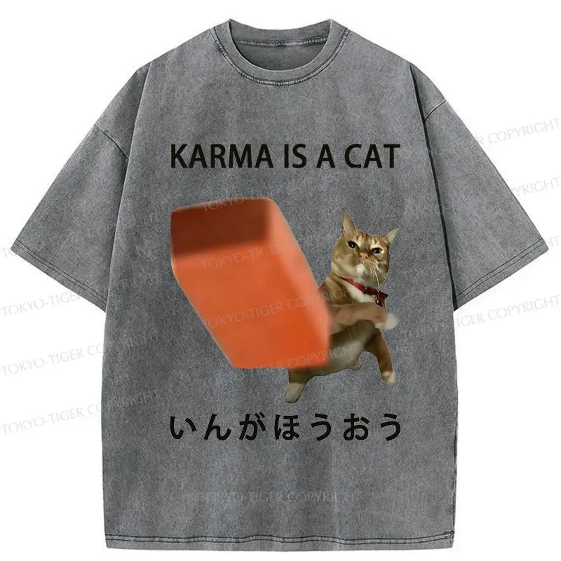 Kyoto-Lion Karma Is A Cat Washed T-Shirt