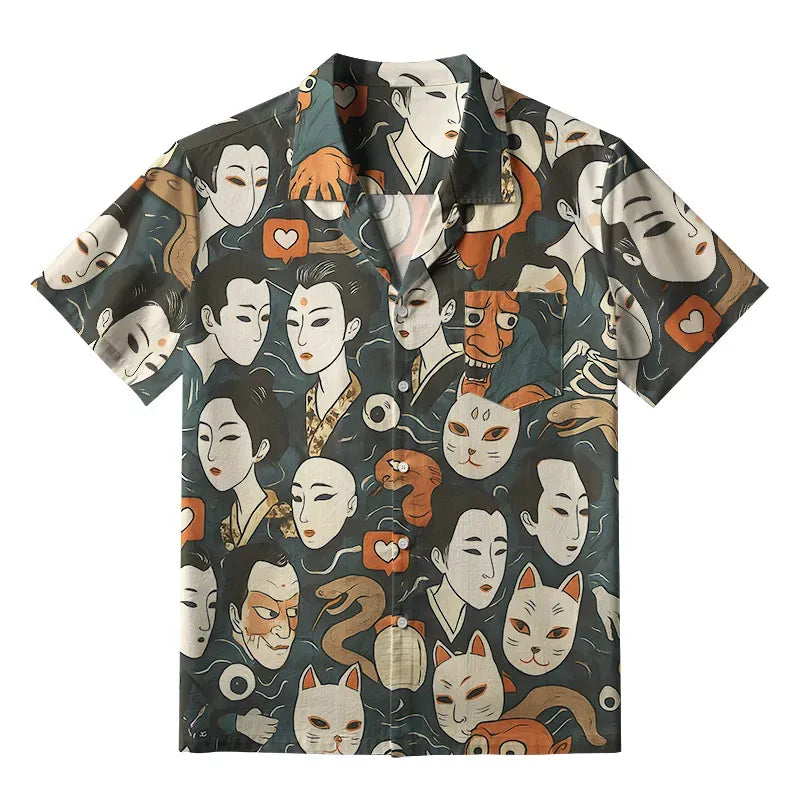 Traditional Japanese Mask Hawaiian Shirt for Daily Wear