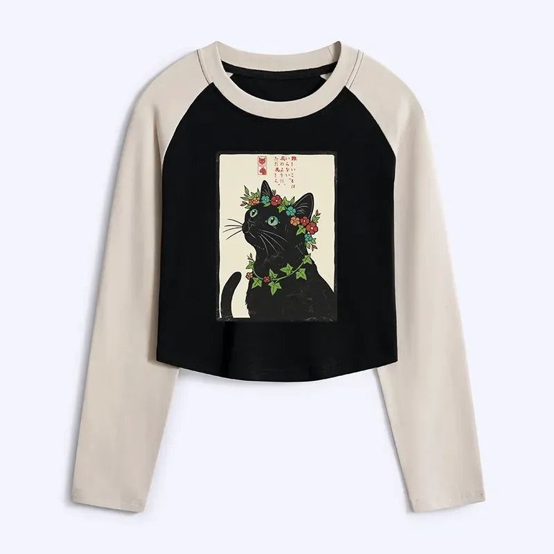 Kyoto-Lion The Flower-Crowned Cat Women's Crop Raglan T-Shirt