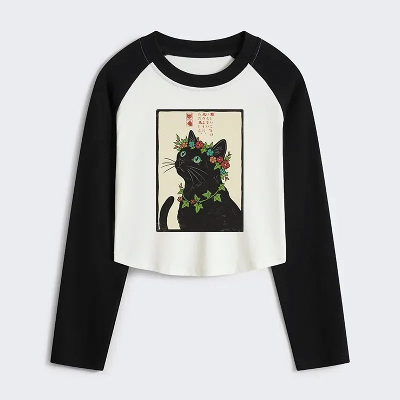 japanese flower cat crop raglan t-shirt for women