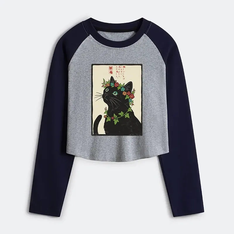 japanese flower cat crop raglan t-shirt for women