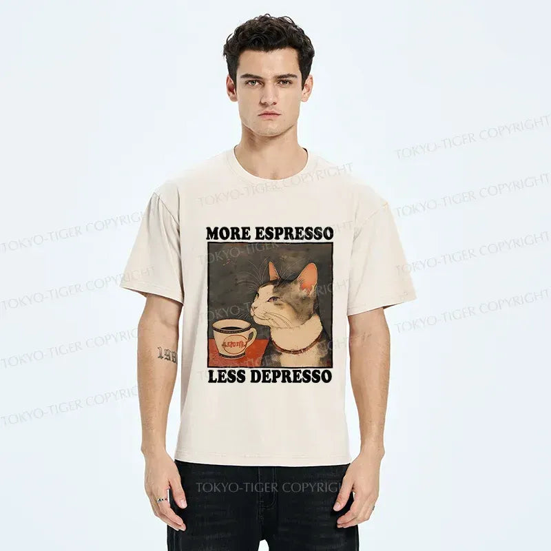 Kyoto-Lion Cute Cat Drinking Coffee Washed T-Shirt