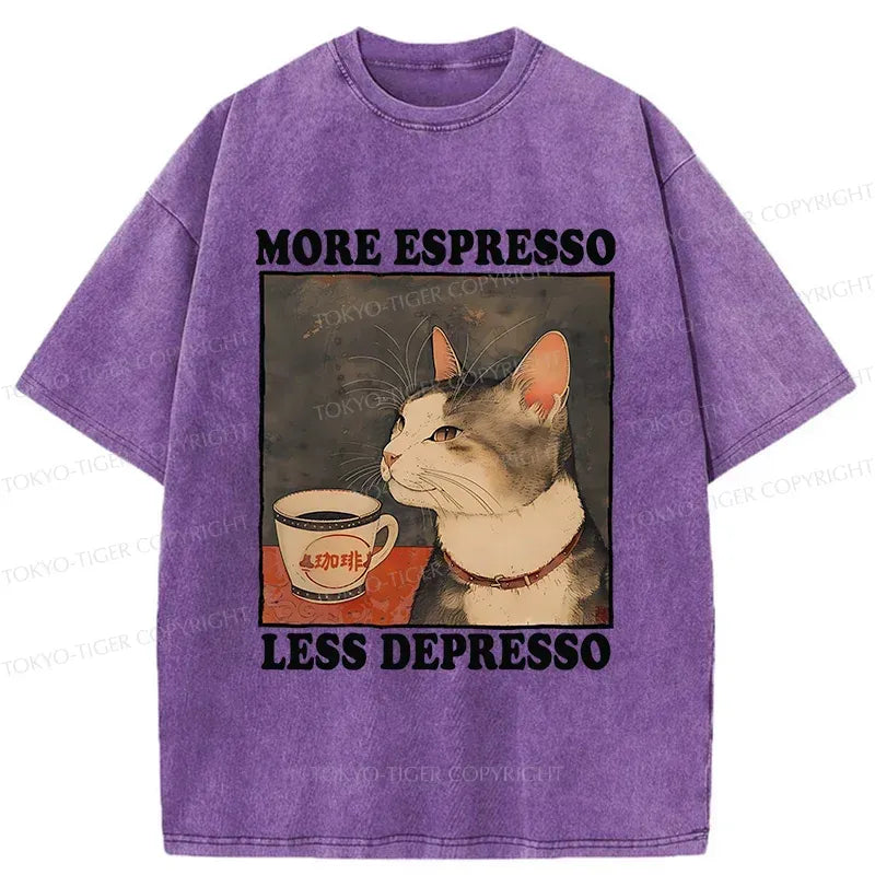 Kyoto-Lion Cute Cat Drinking Coffee Washed T-Shirt