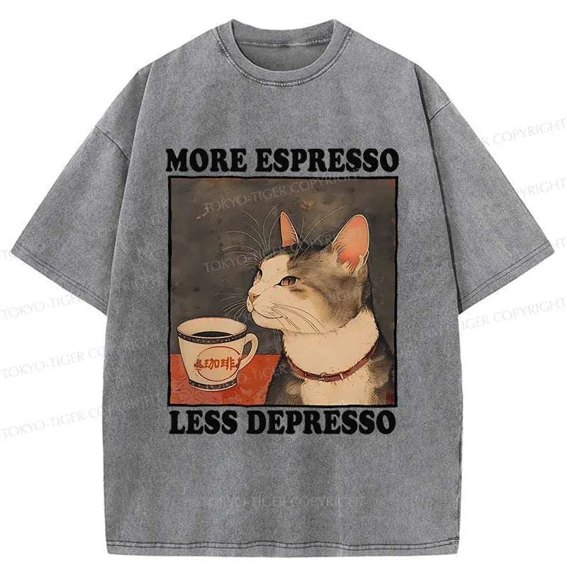 Kyoto-Lion Cute Cat Drinking Coffee Washed T-Shirt
