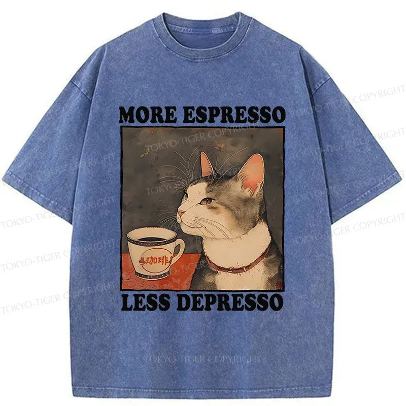 Kyoto-Lion Cute Cat Drinking Coffee Washed T-Shirt