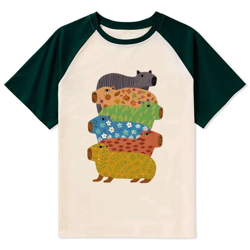 Kyoto-Lion Colorful Capybaras Raglan T-shirt