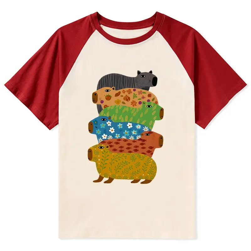 Kyoto-Lion Colorful Capybaras Raglan T-shirt
