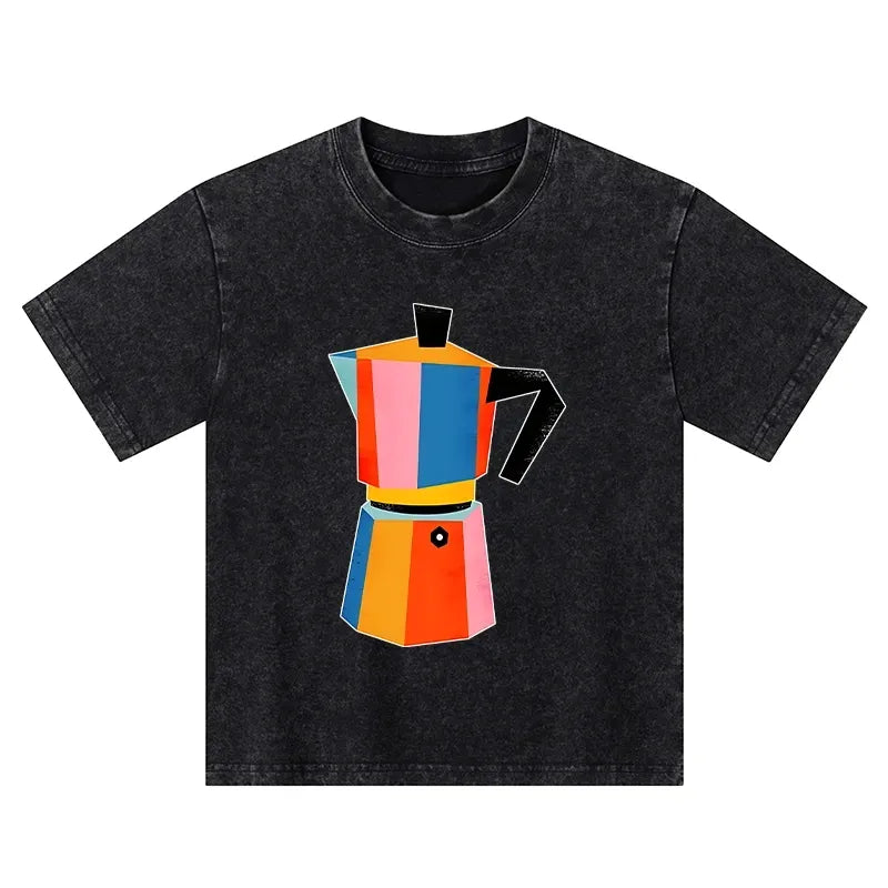 Kyoto-Lion Bright Hues Make Classic Coffee Pot Kids Washed T-Shirt