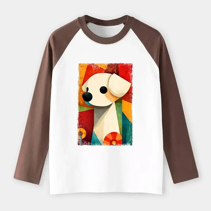 Kyoto-Lion Retro Abstract Color Block Puppy Art Raglan Long Sleeve T-shirt