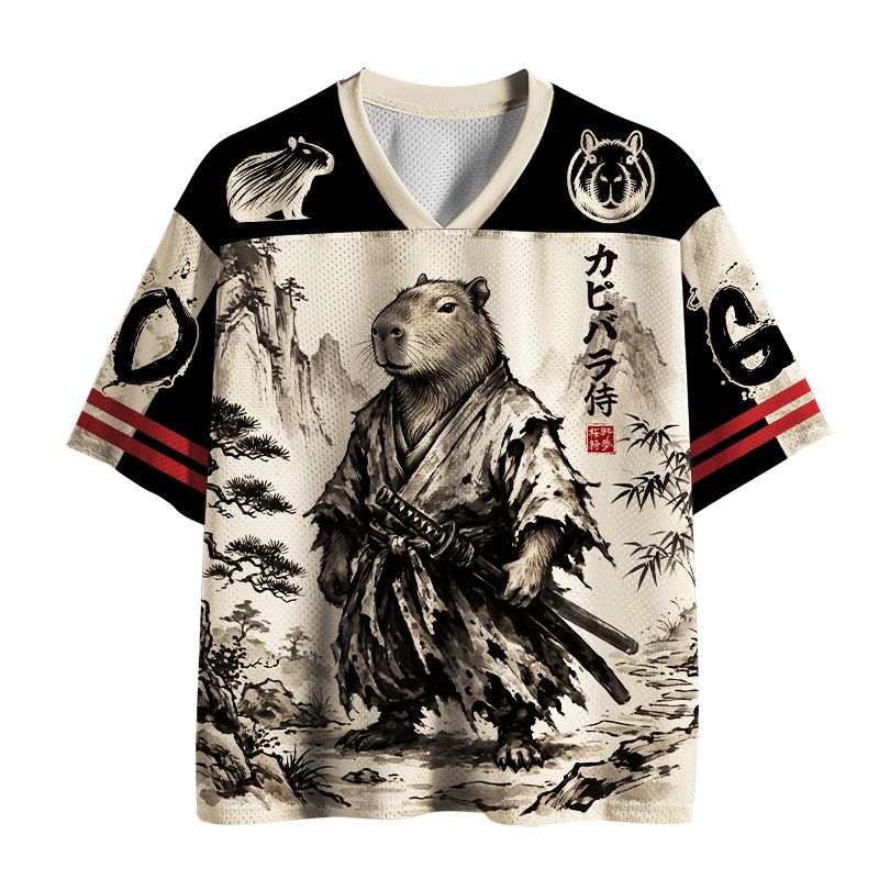 Kyoto-Lion Japanese Ink Art Capybara Samurai Mesh Jersey