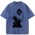 Washed Unisex T-Shirt with Japanese Cat Art
