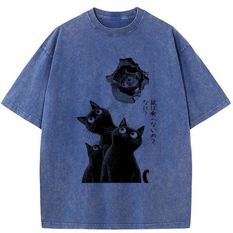 Washed Unisex T-Shirt with Japanese Cat Art
