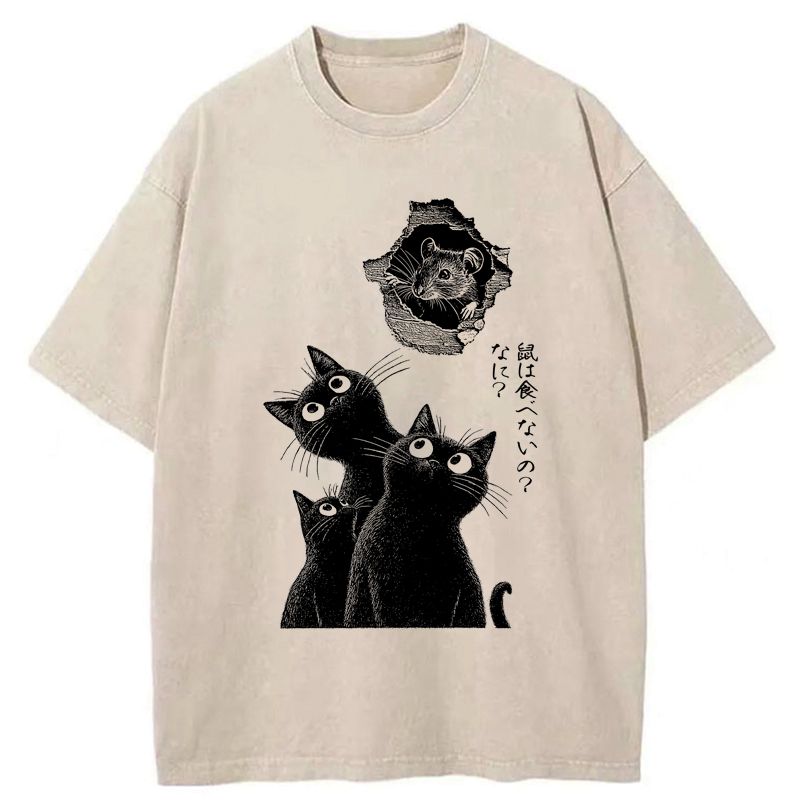 Washed Unisex T-Shirt with Japanese Cat Art
