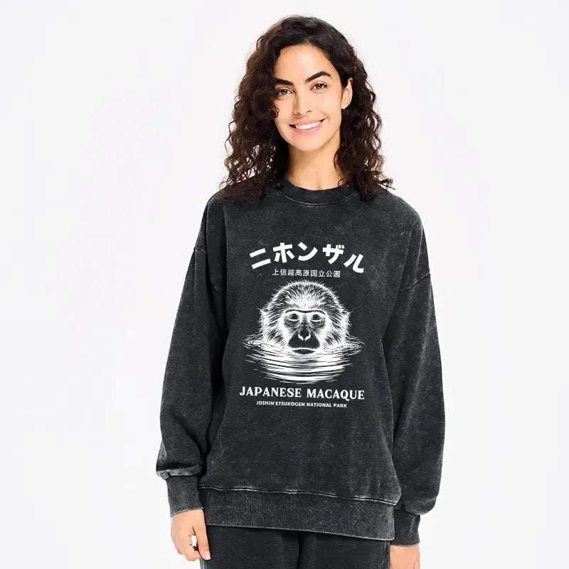 Kyoto-Lion The Macaque Monkey In The Bath Japanese Washed Sweatshirt