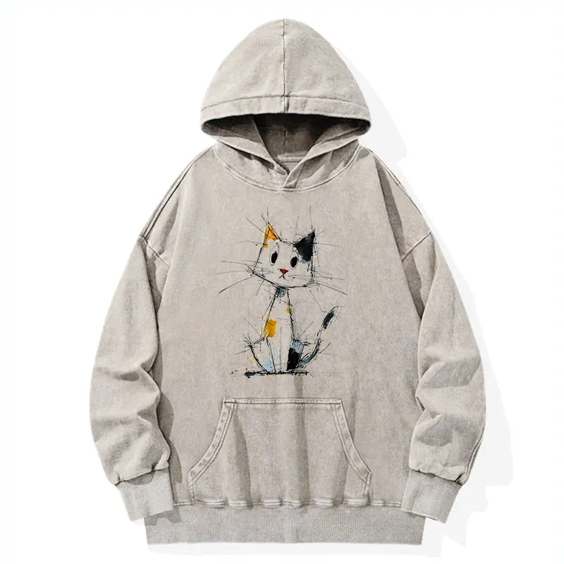 Kyoto-Lion Minimal Splash Ink Cute Cat Washed Hoodie