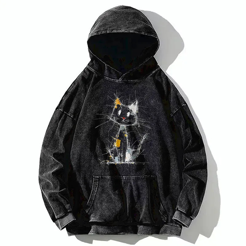 Kyoto-Lion Minimal Splash Ink Cute Cat Washed Hoodie