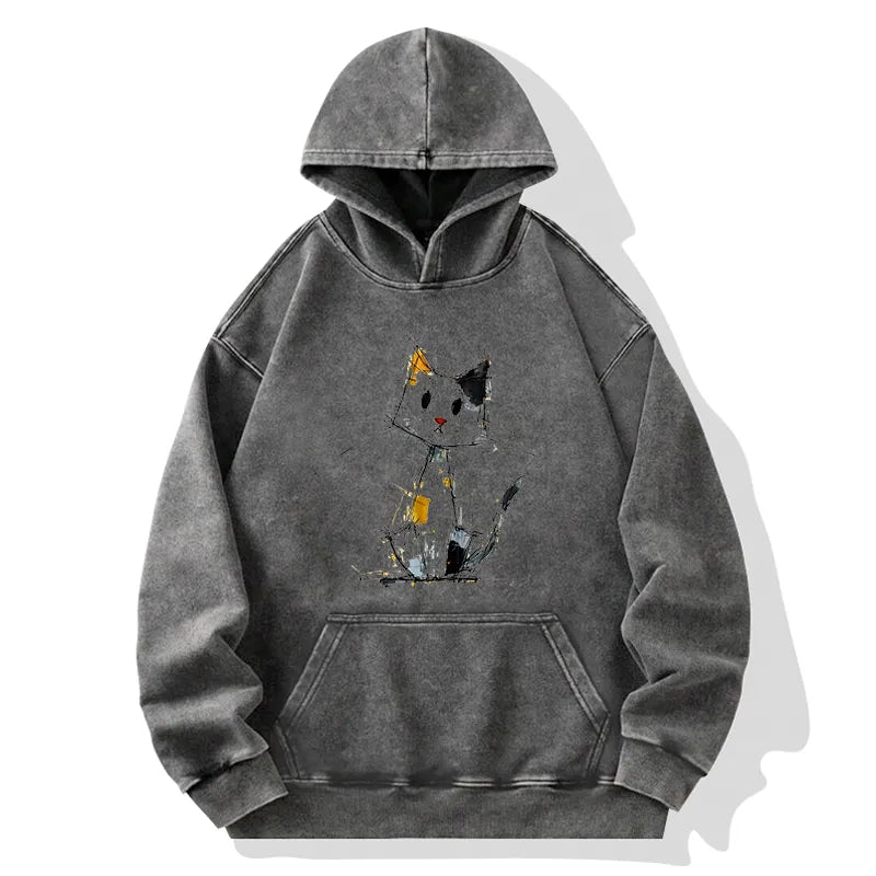 Kyoto-Lion Minimal Splash Ink Cute Cat Washed Hoodie