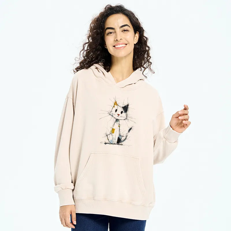 Kyoto-Lion Minimal Splash Ink Cute Cat Washed Hoodie