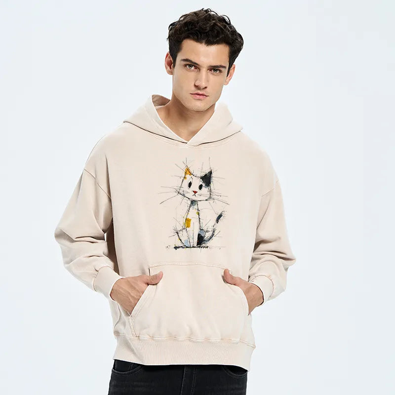 Kyoto-Lion Minimal Splash Ink Cute Cat Washed Hoodie