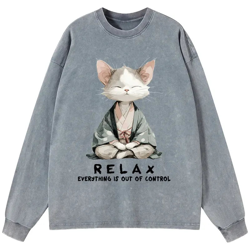Kyoto-Lion Zen Cat Relaxation£¬Everything's Out Of Control Washed Long Sleeve T-Shirt