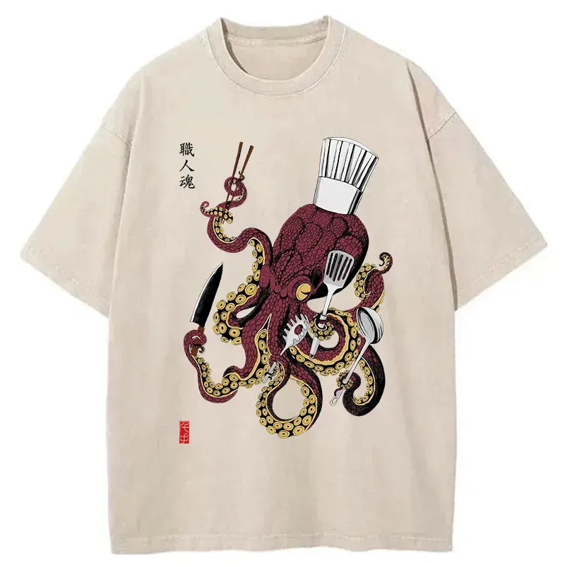 Kyoto-Lion Octopus Chef Washed T-Shirt