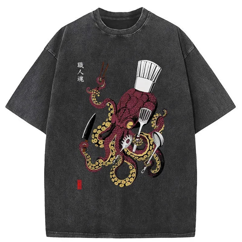 Kyoto-Lion Octopus Chef Washed T-Shirt