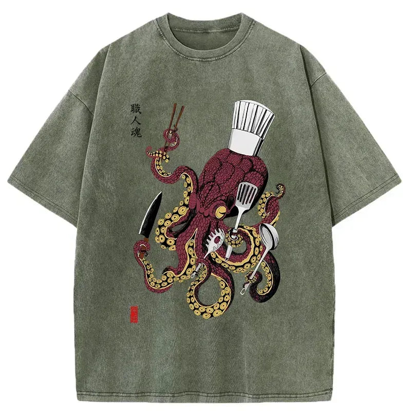 Kyoto-Lion Octopus Chef Washed T-Shirt