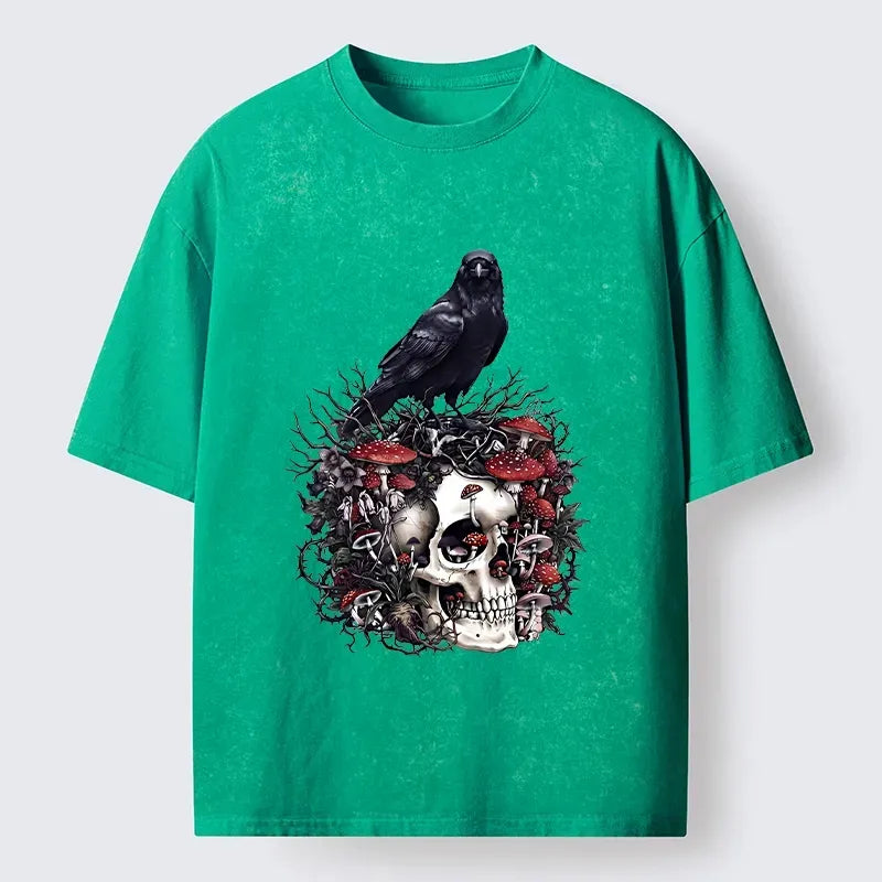 Kyoto-Lion Crow Skull Mushroom Art Washed T-Shirt