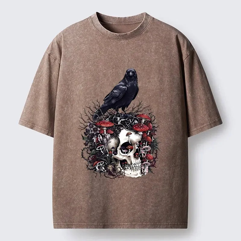 Kyoto-Lion Crow Skull Mushroom Art Washed T-Shirt