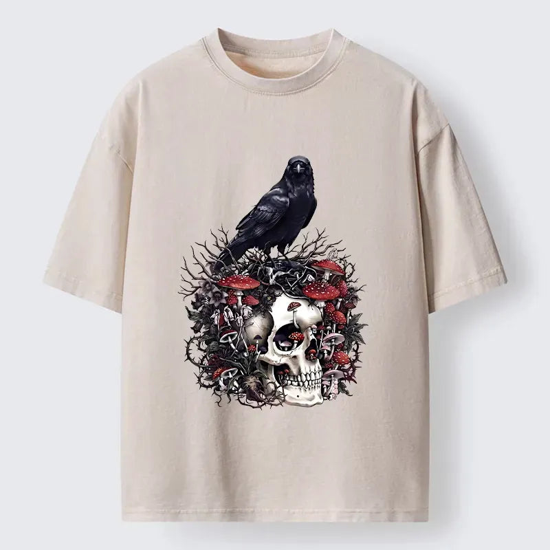 Kyoto-Lion Crow Skull Mushroom Art Washed T-Shirt