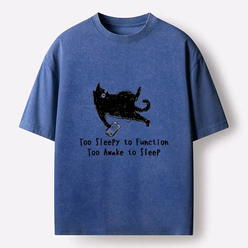 Kyoto-Lion Messy Black Cat Late Night Phone Scroll Washed T-Shirt