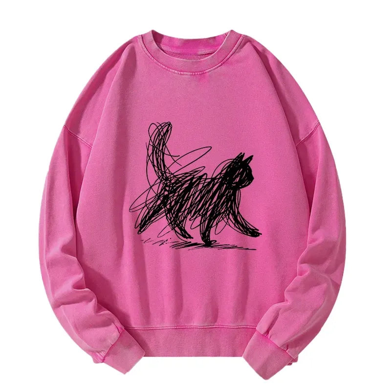 Washed Unisex Sweatshirt with Cat Design Free Shipping