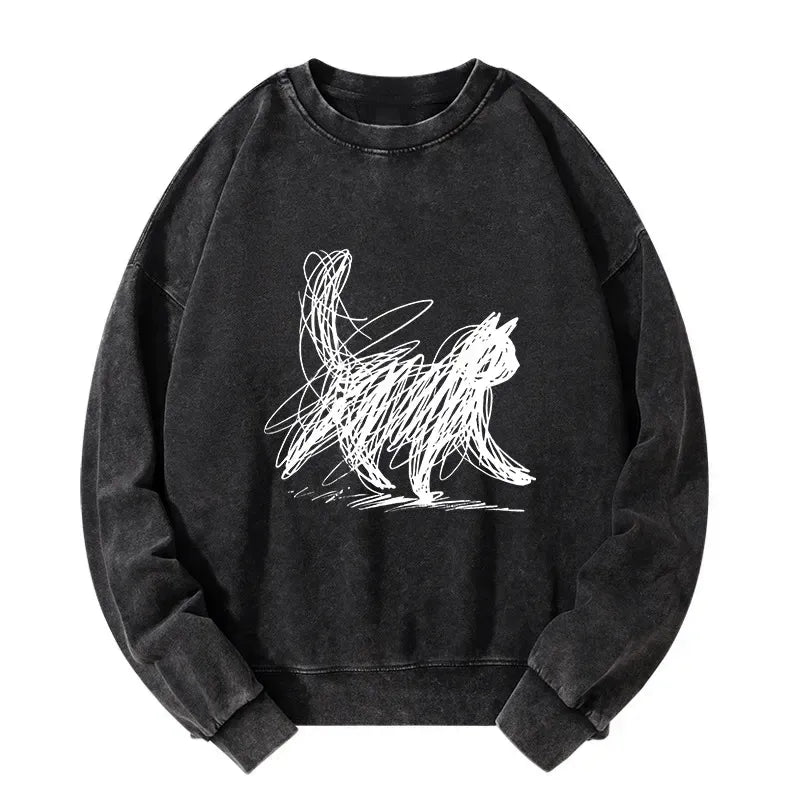 Japanese Minimalist Cat Art Sweatshirt for Daily Wear