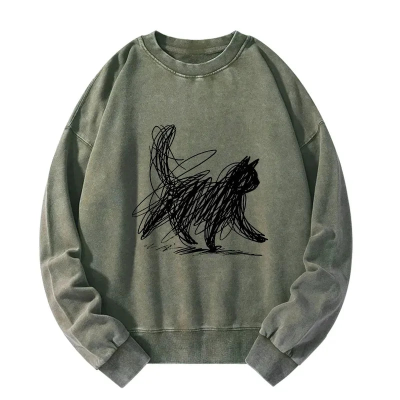 Japanese Minimalist Cat Art Sweatshirt for Daily Wear