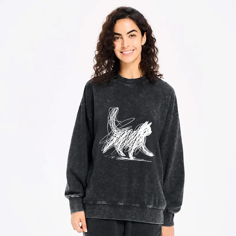 Kyoto-Lion Minimalist Cat Art Washed Sweatshirt