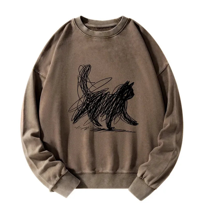 Kyoto-Lion Minimalist Cat Art Washed Sweatshirt