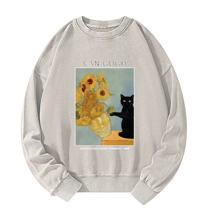 Washed Black Cat Sweatshirt with Sunflowers