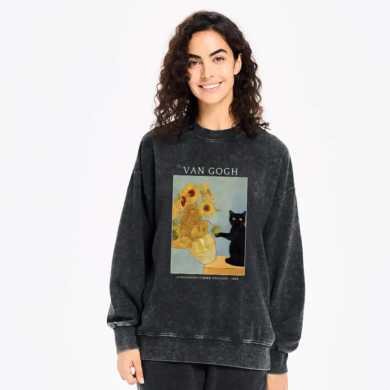 Kyoto-Lion Black Cat With Sunflowers Washed Sweatshirt