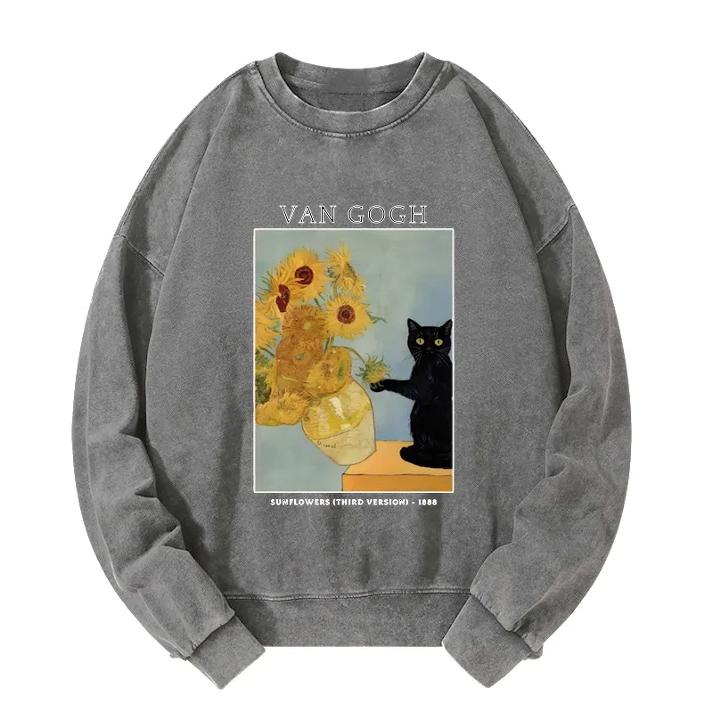 Kyoto-Lion Black Cat With Sunflowers Washed Sweatshirt
