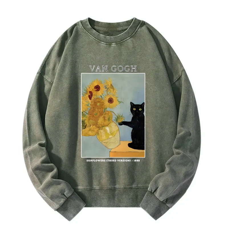 Kyoto-Lion Black Cat With Sunflowers Washed Sweatshirt