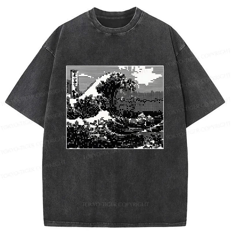 Kyoto-Lion Black And White Ukiyoe Wave Washed T-Shirt