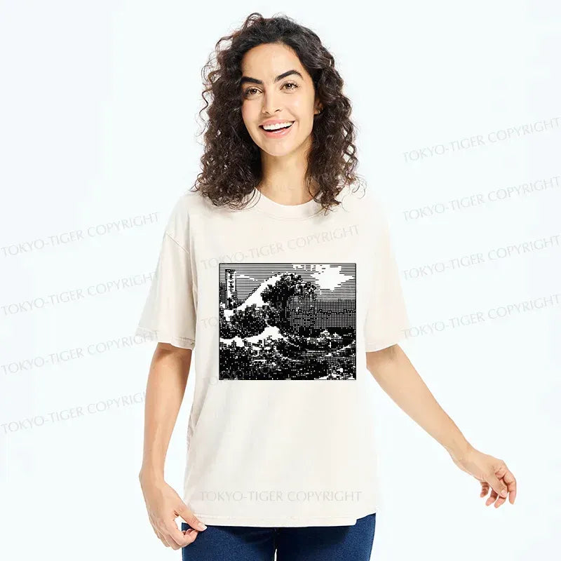 Kyoto-Lion Black And White Ukiyoe Wave Washed T-Shirt