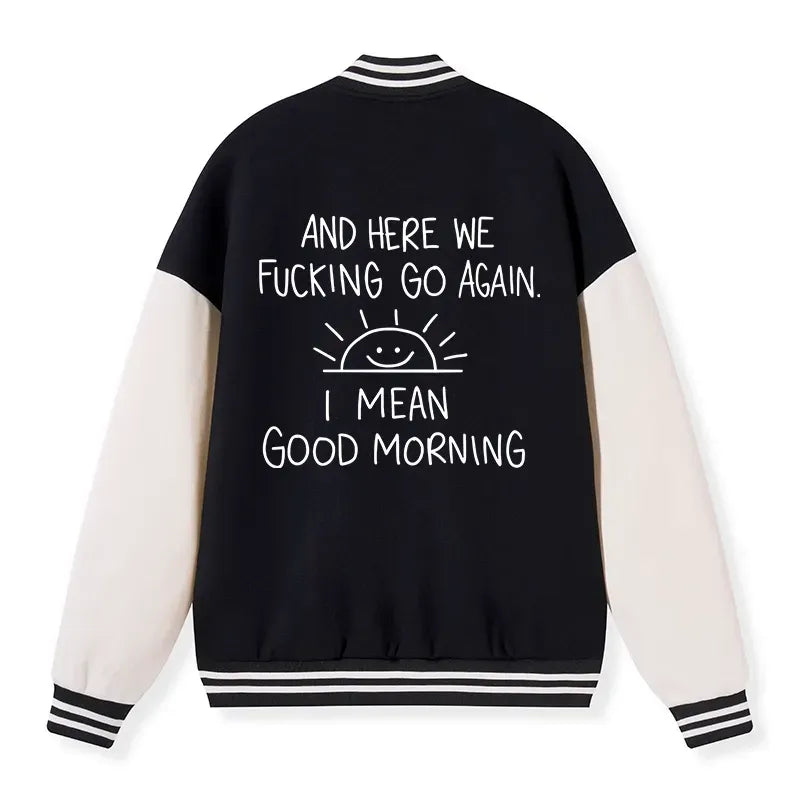 Kyoto-Lion Different Meanings Of 'Good Morning' Embroidery Varsity Jacket